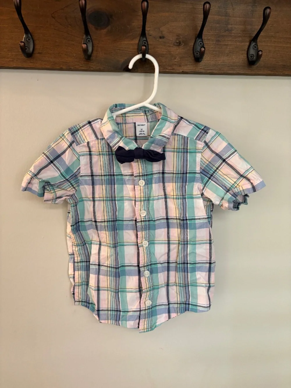 Old Navy Toddler Plaid Shirt 3T Bow Tie Easter Pastel Stretch Button Down